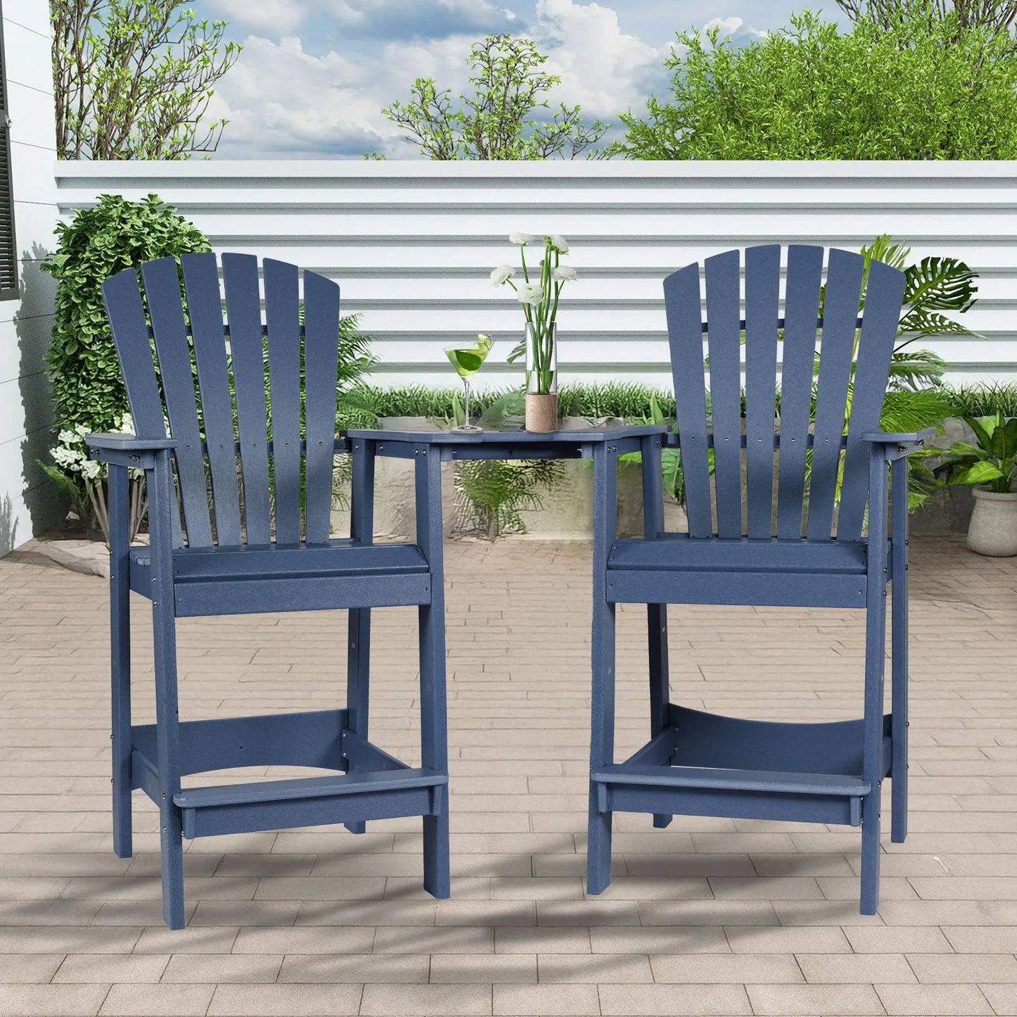 Tall Adirondack Chairs Set of 2,HDPE Patio Bar Stool with Connecting Tray Aoodor Dark Blue