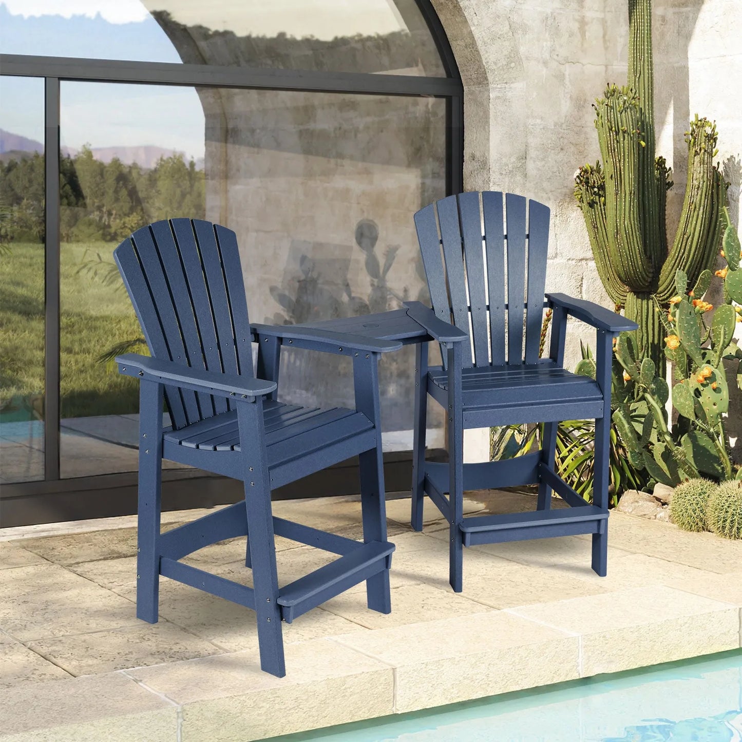 Tall Adirondack Chairs Set of 2,HDPE Patio Bar Stool with Connecting Tray Aoodor Dark Blue