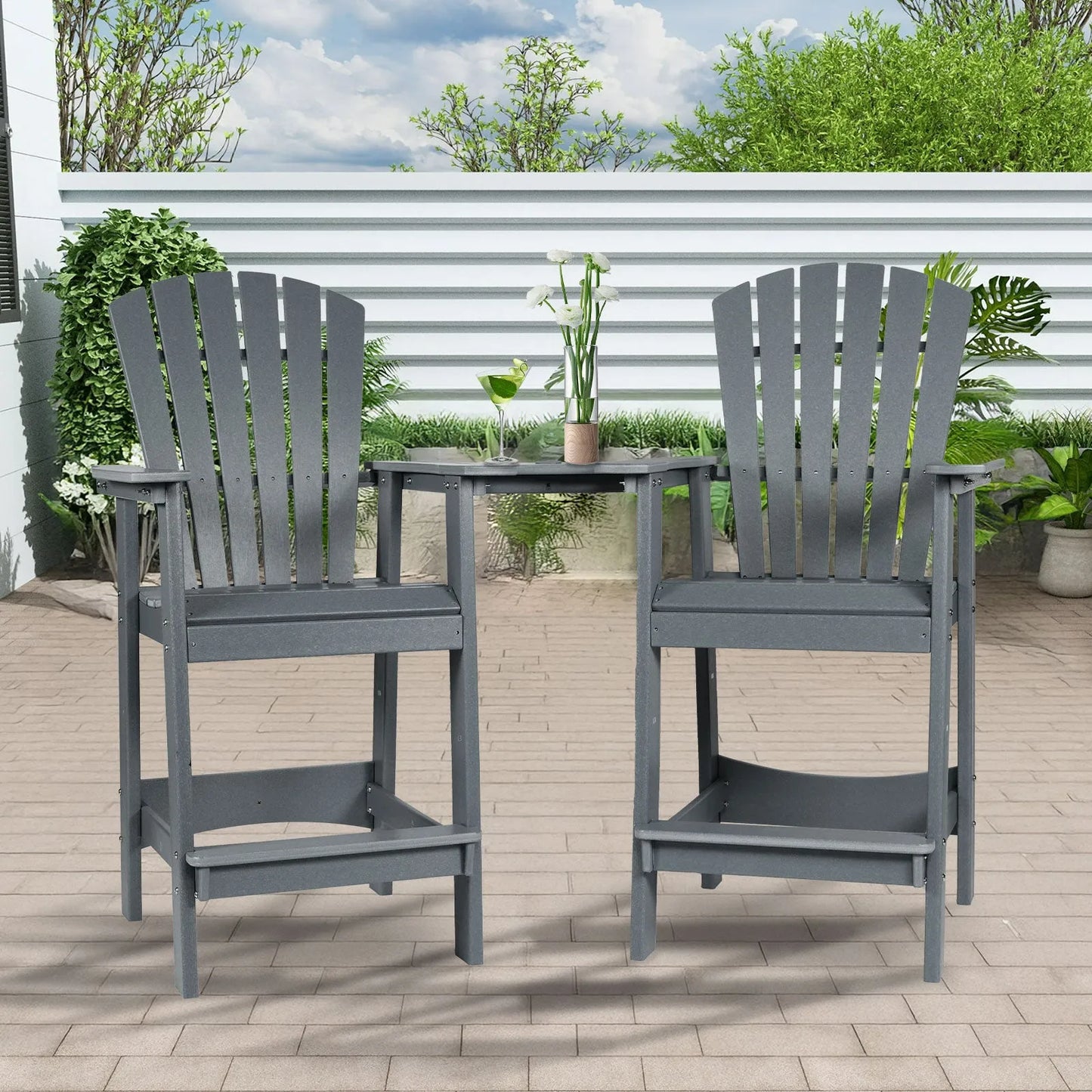 Tall Adirondack Chairs Set of 2,HDPE Patio Bar Stool with Connecting Tray Aoodor Gray for patio
