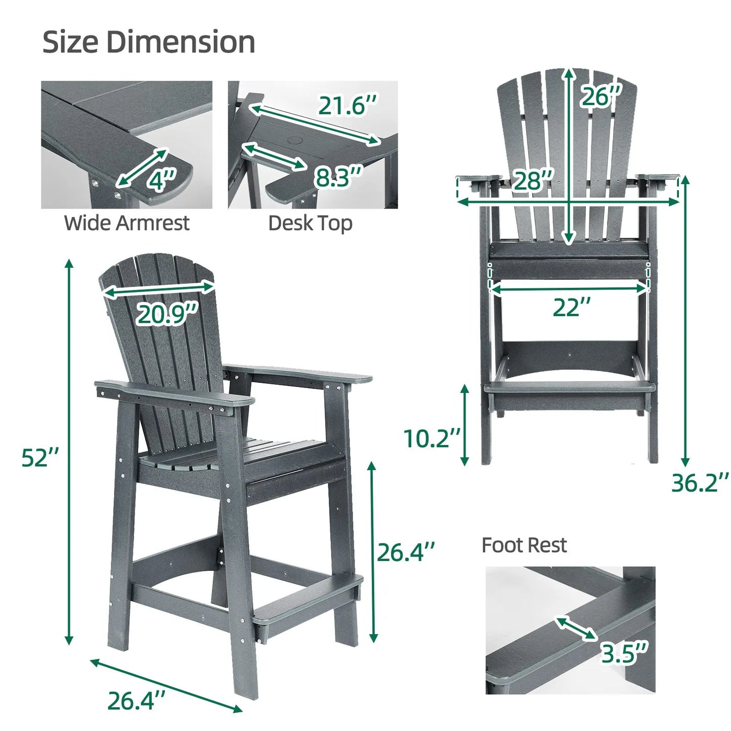 Tall Adirondack Chairs Set of 2,HDPE Patio Bar Stool with Connecting Tray Aoodor Gray Size Dimension