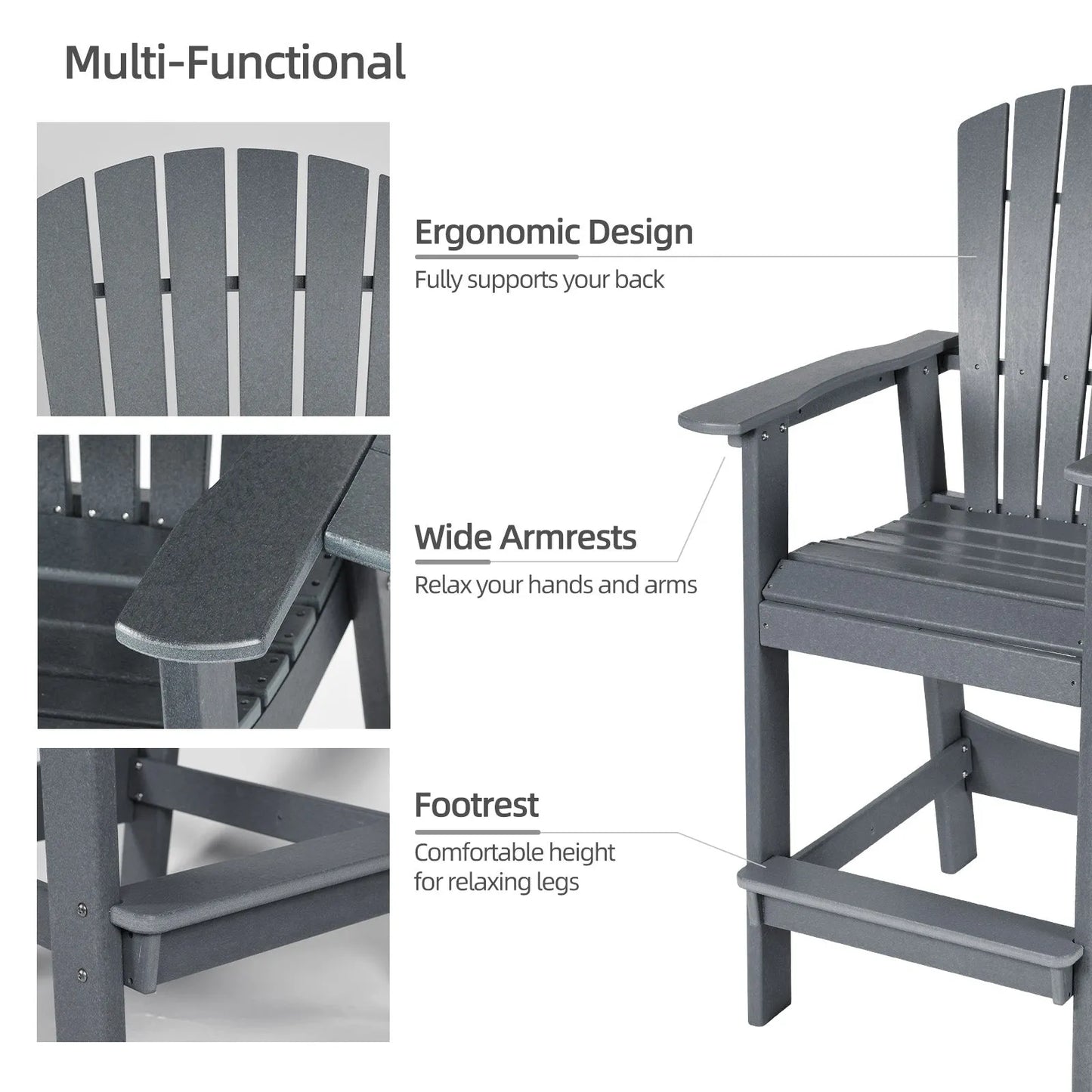 Tall Adirondack Chairs Set of 2,HDPE Patio Bar Stool with Connecting Tray Aoodor Gray Multi-Functional
