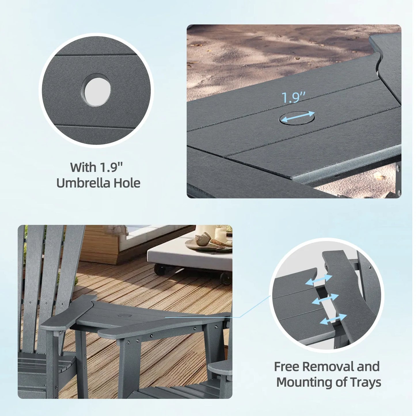 Tall Adirondack Chairs Set of 2,HDPE Patio Bar Stool with Connecting Tray Aoodor Gray
