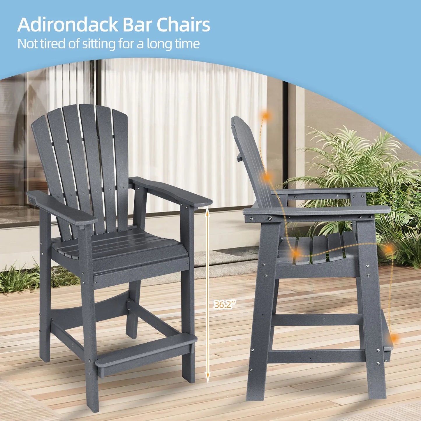 Tall Adirondack Chairs Set of 2,HDPE Patio Bar Stool with Connecting Tray Aoodor Gray