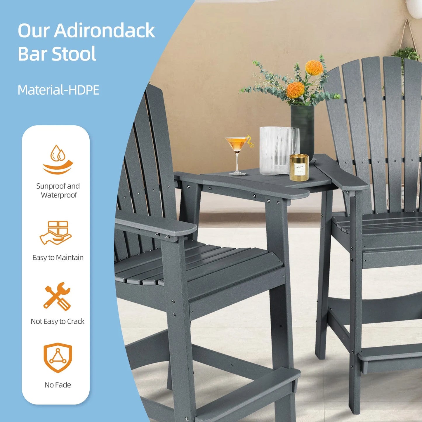 Tall Adirondack Chairs Set of 2,HDPE Patio Bar Stool with Connecting Tray Aoodor Gray