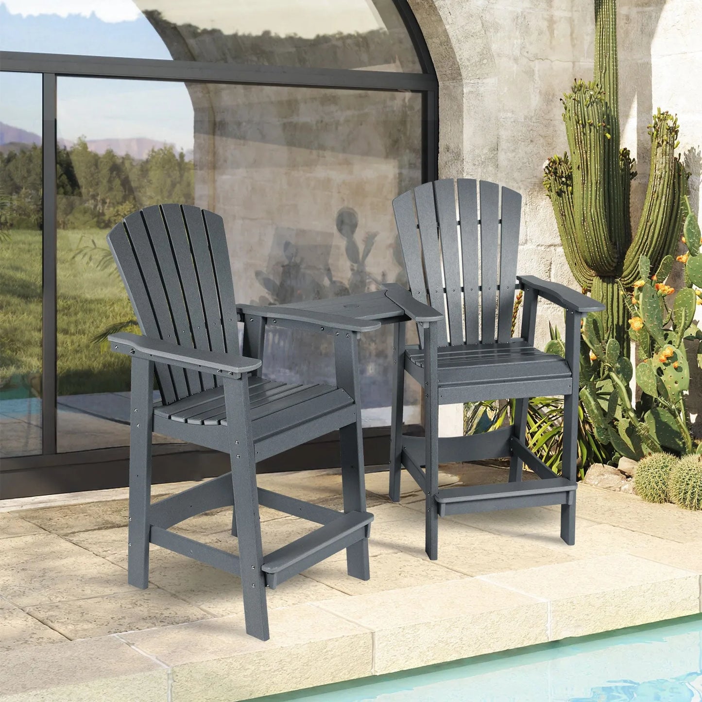 Tall Adirondack Chairs Set of 2,HDPE Patio Bar Stool with Connecting Tray Aoodor Gray for patio backyard gardens