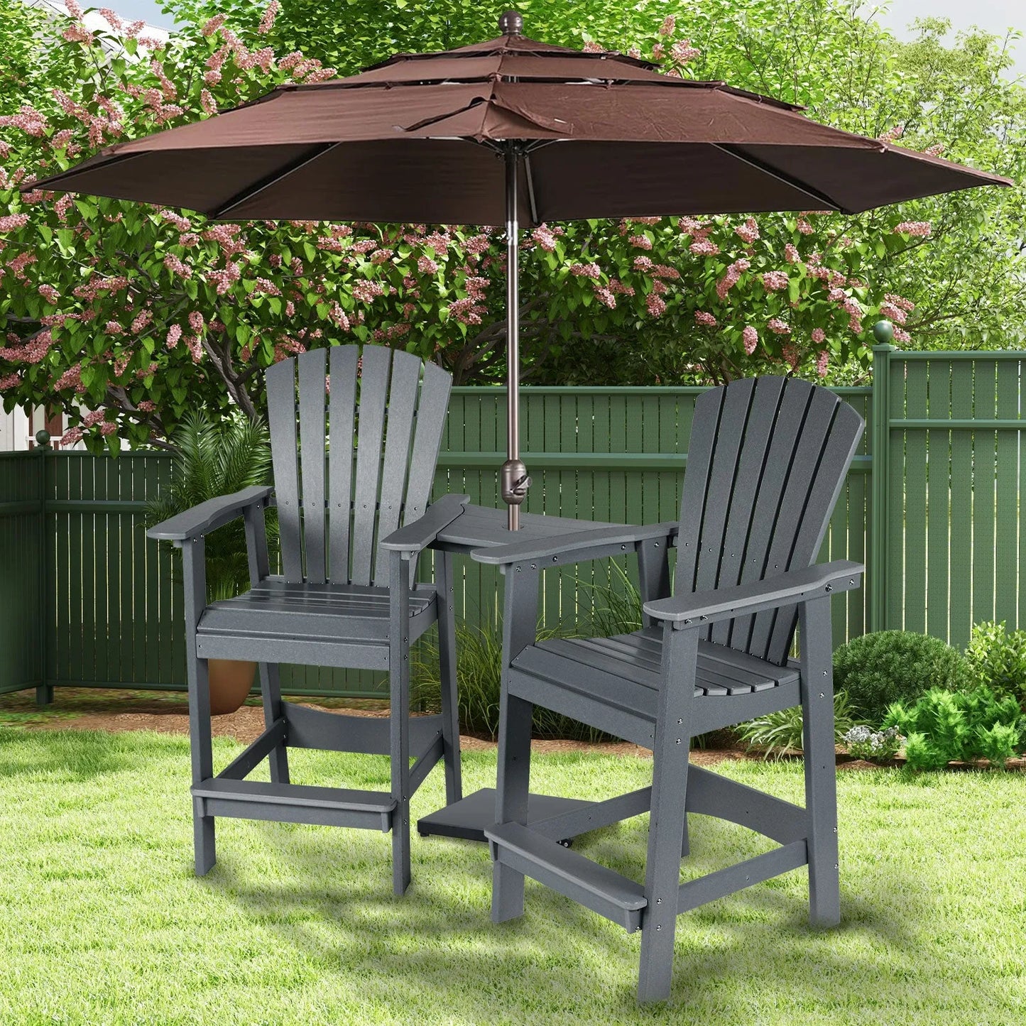 Tall Adirondack Chairs Set of 2,HDPE Patio Bar Stool with Connecting Tray Aoodor Gray with umbrella for patio yard