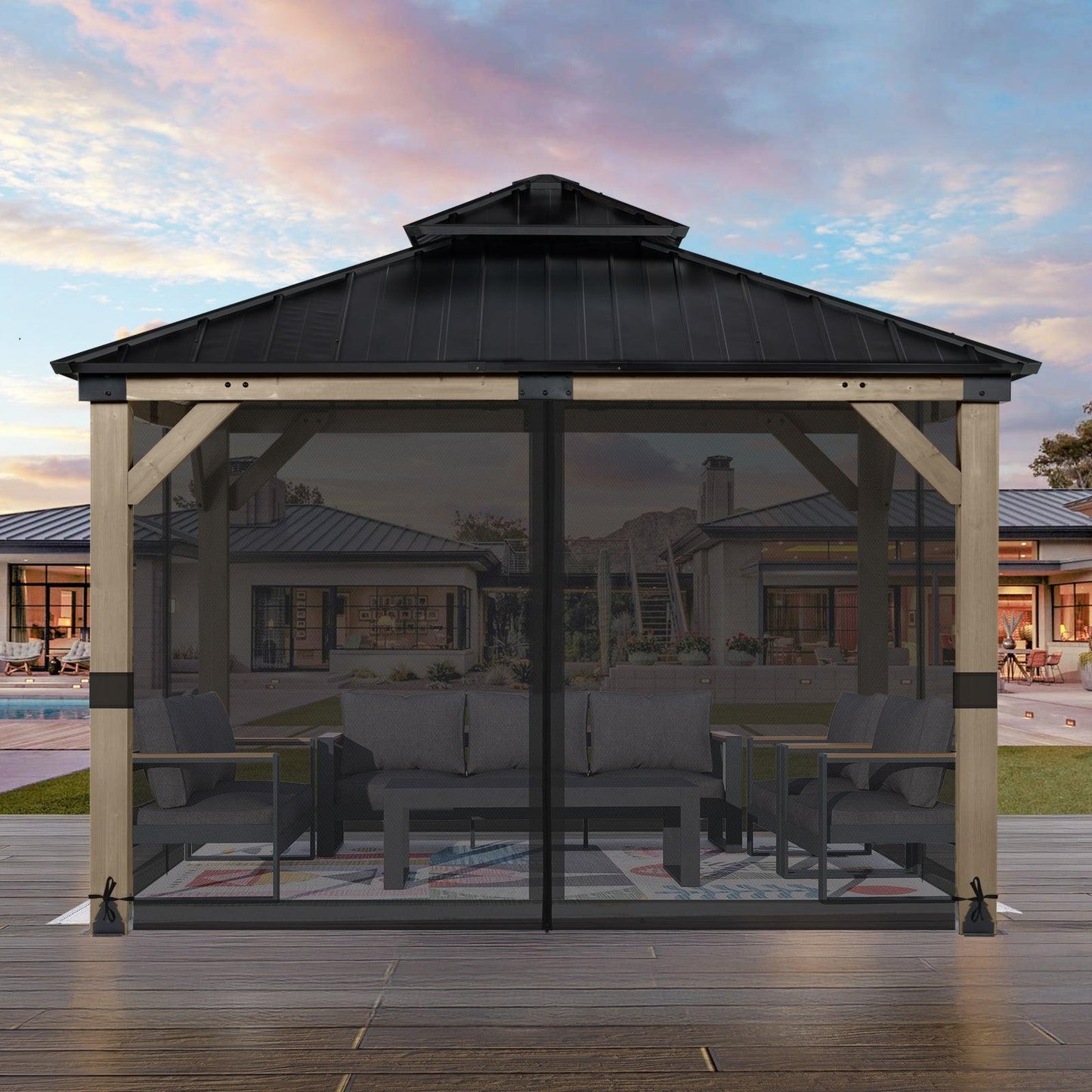 Universal Gazebo Replacement Mosquito Netting Screen 4-Panel Sidewalls with Double Zipper (Only Netting) Aoodor Black