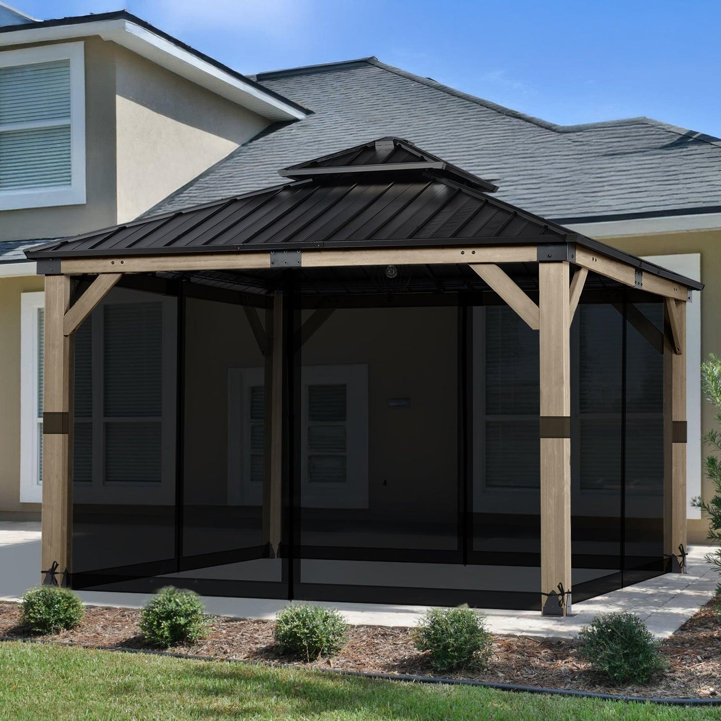 Universal Gazebo Replacement Mosquito Netting Screen 4-Panel Sidewalls with Double Zipper (Only Netting) Black Aoodor