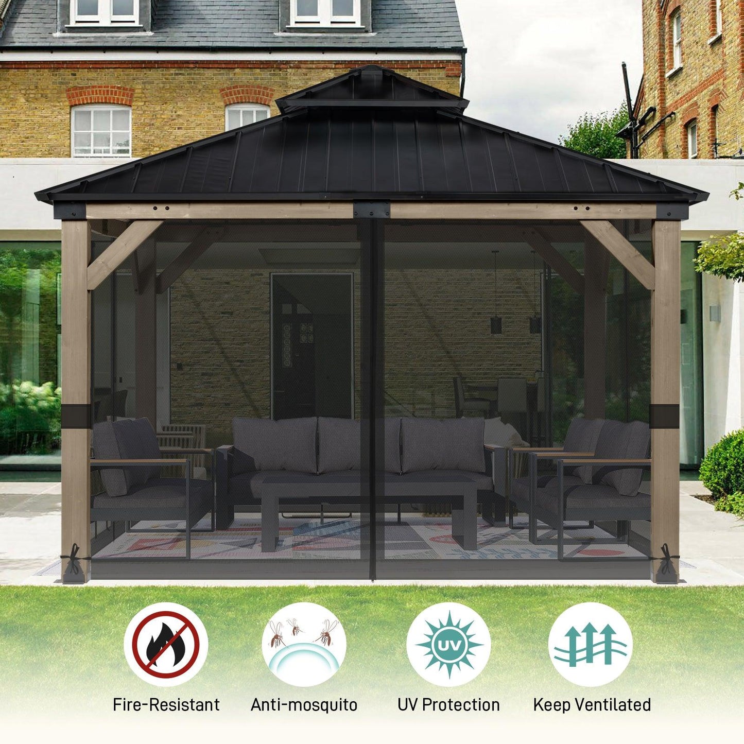 Universal Gazebo Replacement Mosquito Netting Screen 4-Panel Sidewalls with Double Zipper (Only Netting) Black Aoodor