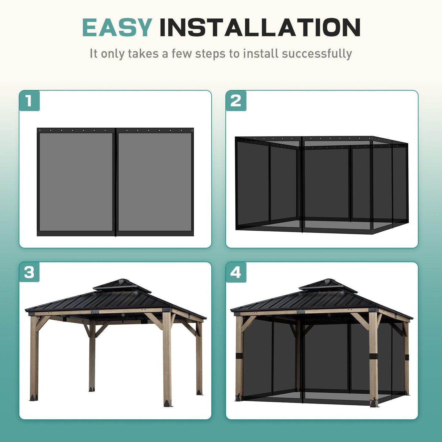 Universal Gazebo Replacement Mosquito Netting Screen 4-Panel Sidewalls with Double Zipper (Only Netting) Black Aoodor