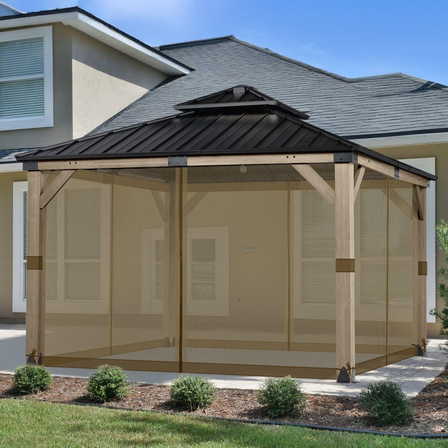 Universal Gazebo Replacement Mosquito Netting Screen 4-Panel Sidewalls with Double Zipper (Only Netting) Brown Aoodor