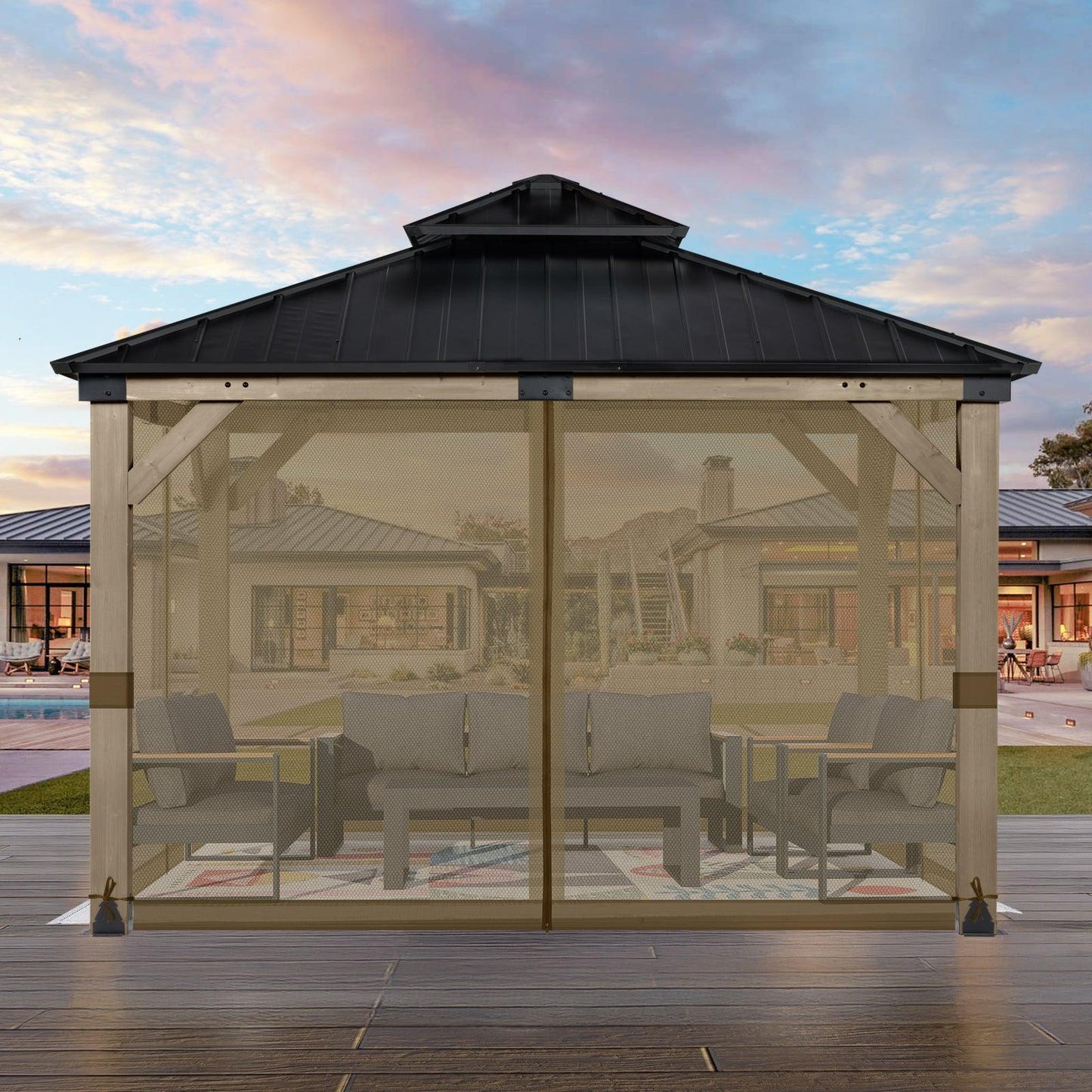 Universal Gazebo Replacement Mosquito Netting Screen 4-Panel Sidewalls with Double Zipper (Only Netting) Brown Aoodor