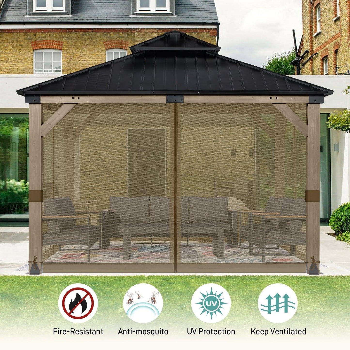 Universal Gazebo Replacement Mosquito Netting Screen 4-Panel Sidewalls with Double Zipper (Only Netting) Brown Aoodor