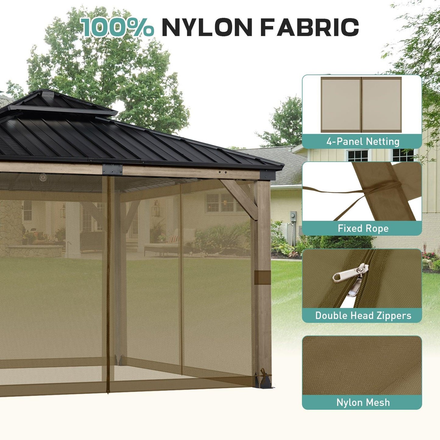 Universal Gazebo Replacement Mosquito Netting Screen 4-Panel Sidewalls with Double Zipper (Only Netting) Brown Aoodor