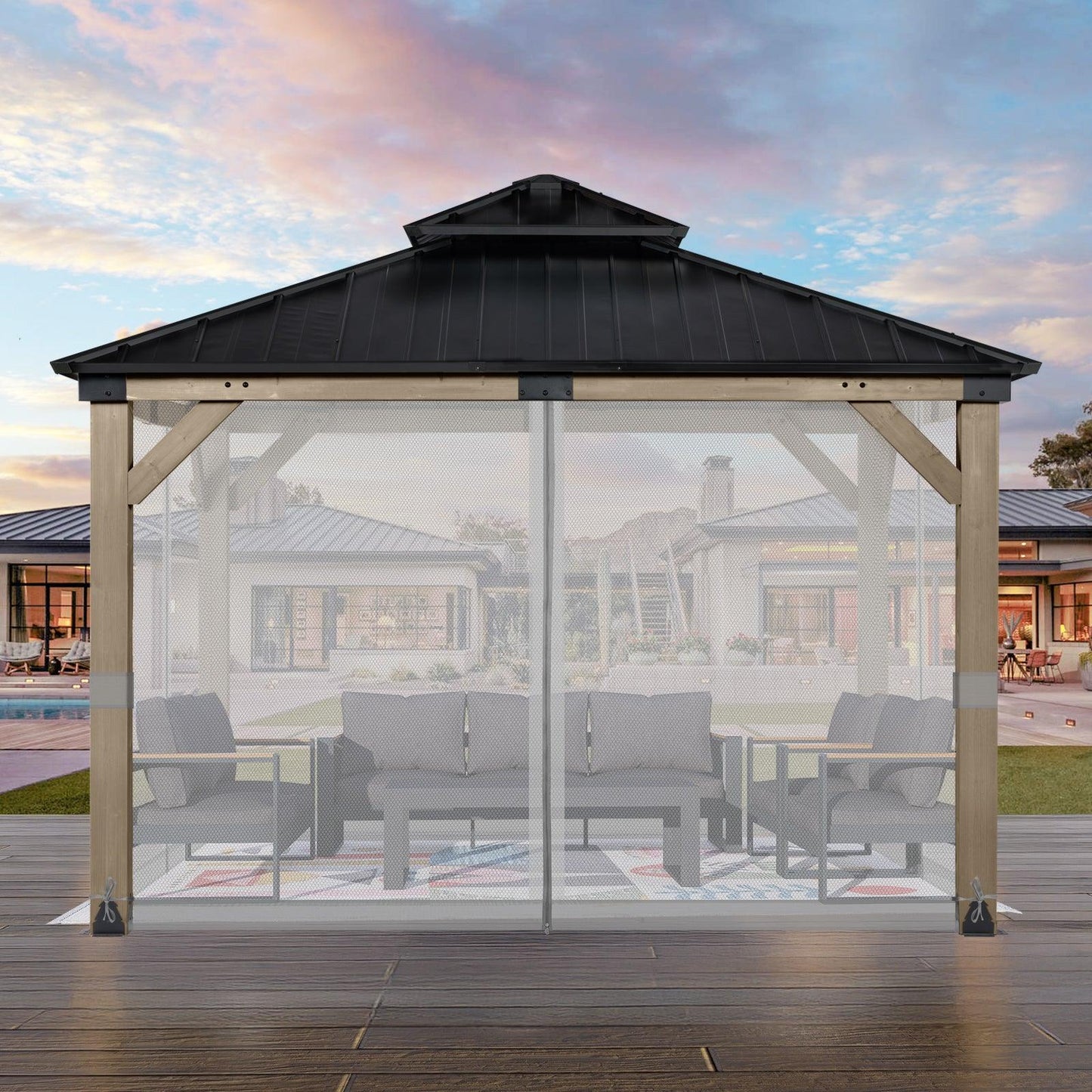 Universal Gazebo Replacement Mosquito Netting Screen 4-Panel Sidewalls with Double Zipper (Only Netting) Gray Aoodor
