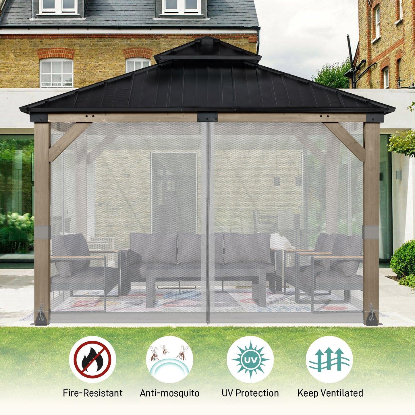 Universal Gazebo Replacement Mosquito Netting Screen 4-Panel Sidewalls with Double Zipper (Only Netting) Gray Aoodor