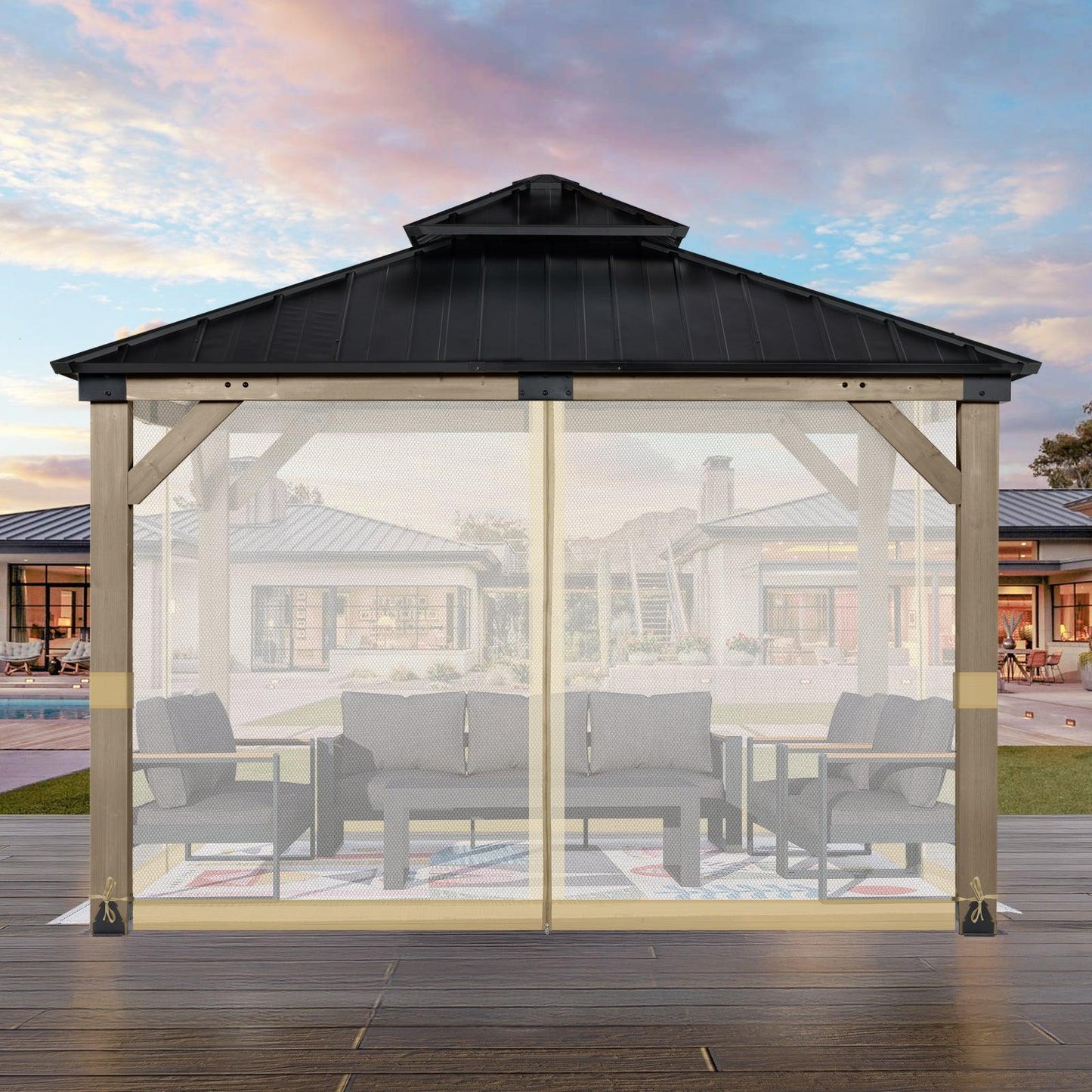 Universal Gazebo Replacement Mosquito Netting Screen 4-Panel Sidewalls with Double Zipper (Only Netting) Khaki Aoodor