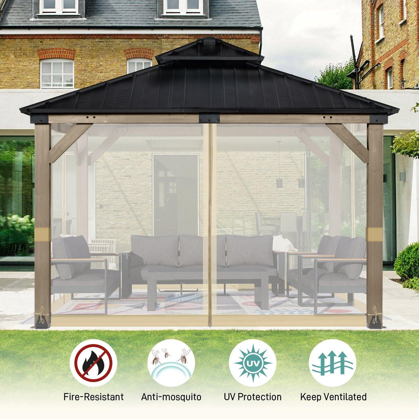 Universal Gazebo Replacement Mosquito Netting Screen 4-Panel Sidewalls with Double Zipper (Only Netting) Khaki Aoodor