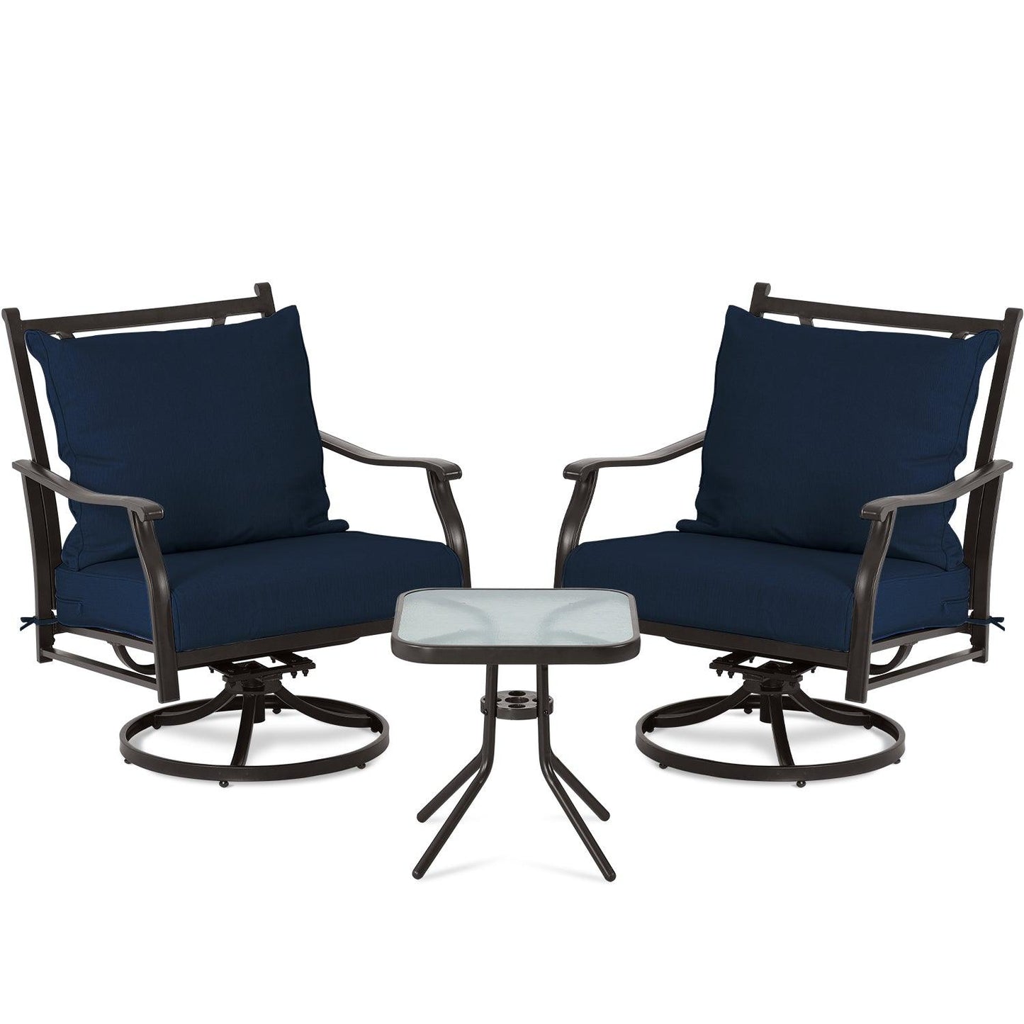 Outdoor Swivel Chair Set - Two Chairs, One Glass Table, and Two Thick Cushions