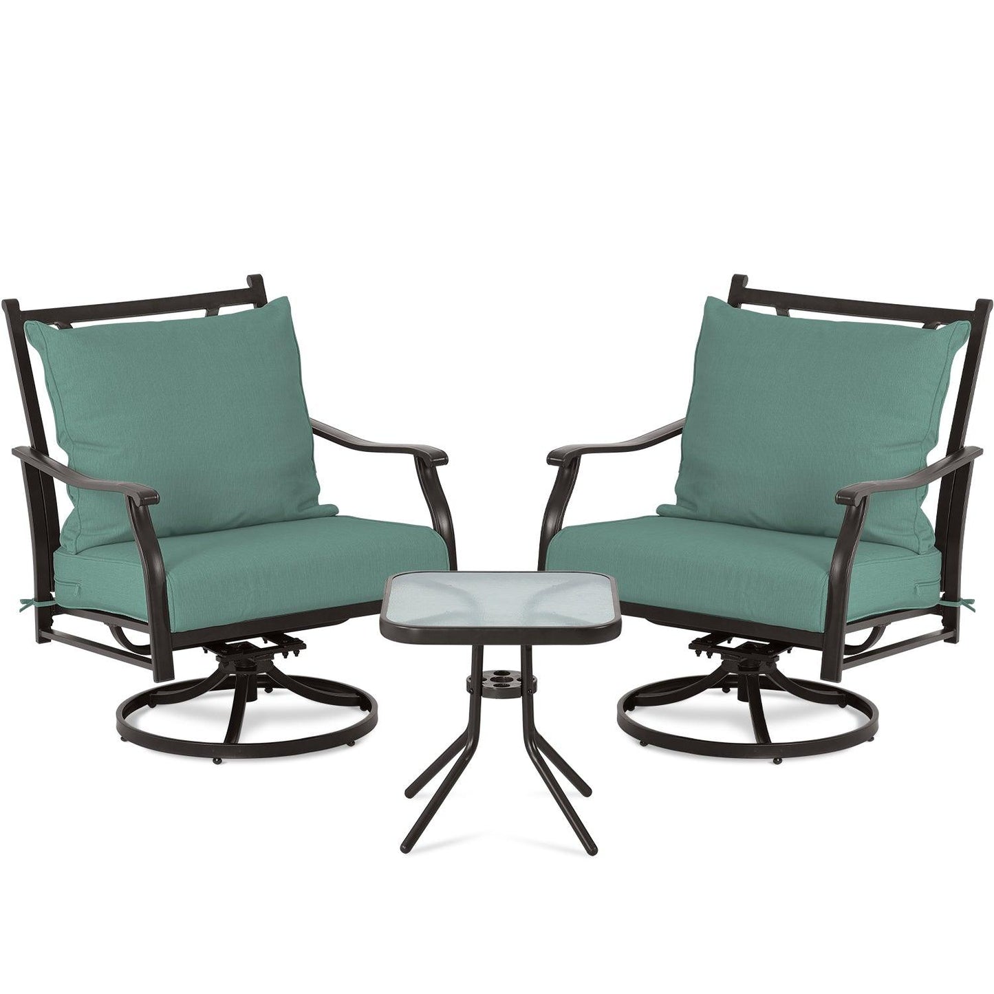 Outdoor Swivel Chair Set - Two Chairs, One Glass Table, and Two Thick Cushions