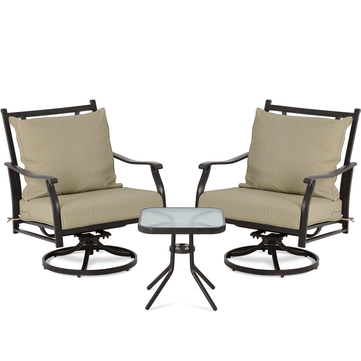 Outdoor Swivel Chair Set - Two Chairs, One Glass Table, and Two Thick Cushions