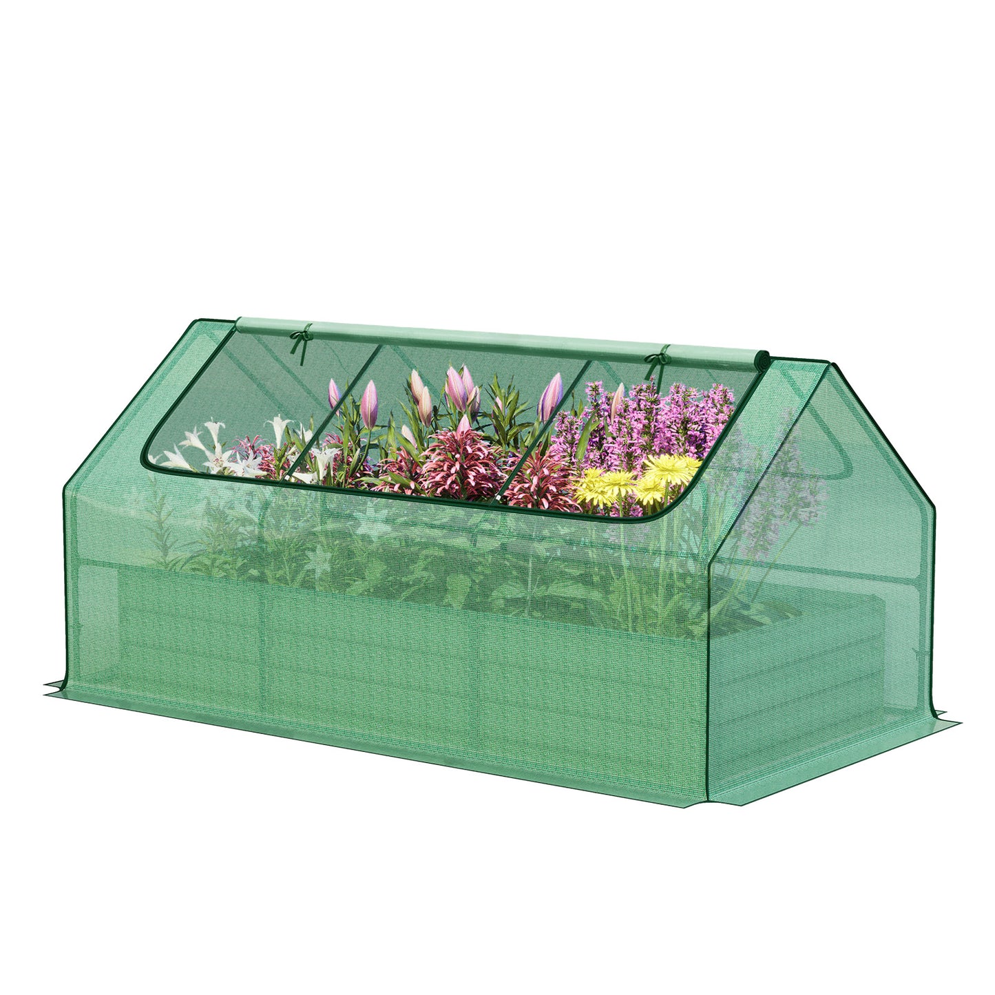 Mini Greenhouse Kit With Raised Garden Metal Beds, 2 Roll-up Zipper Doors