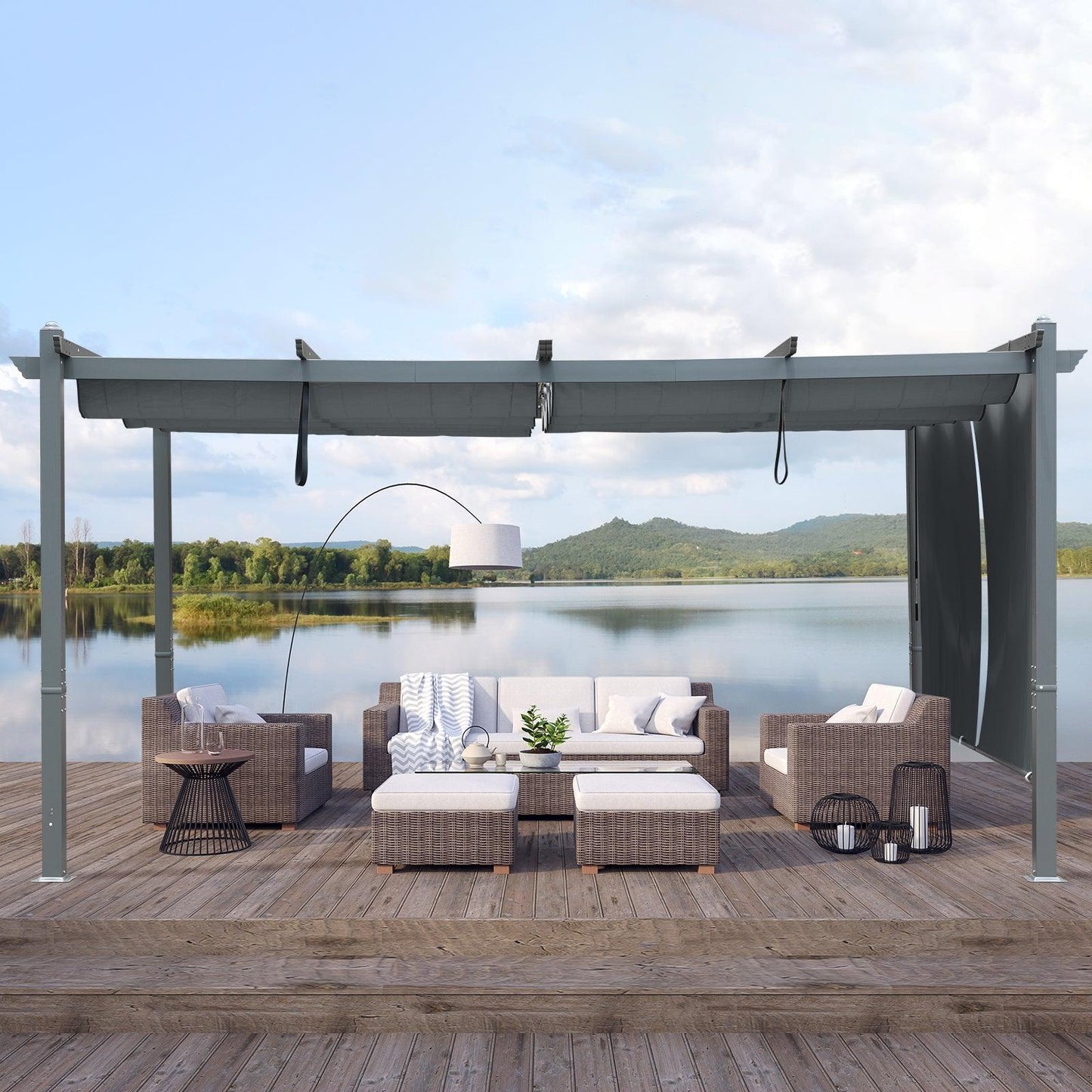 16x12/14x12 ft. Outdoor Pergola with Retractable Shade Canopy, Aluminum Frame, Roller Shade Curtain
