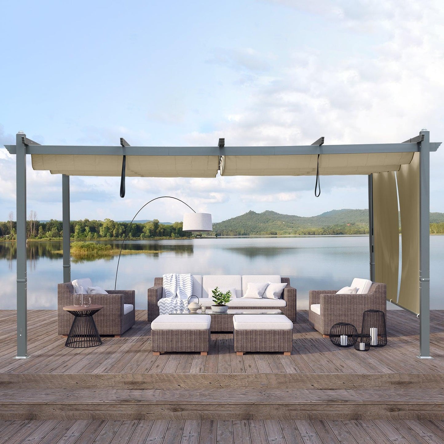 16x12/14x12 ft. Outdoor Pergola with Retractable Shade Canopy, Aluminum Frame, Roller Shade Curtain