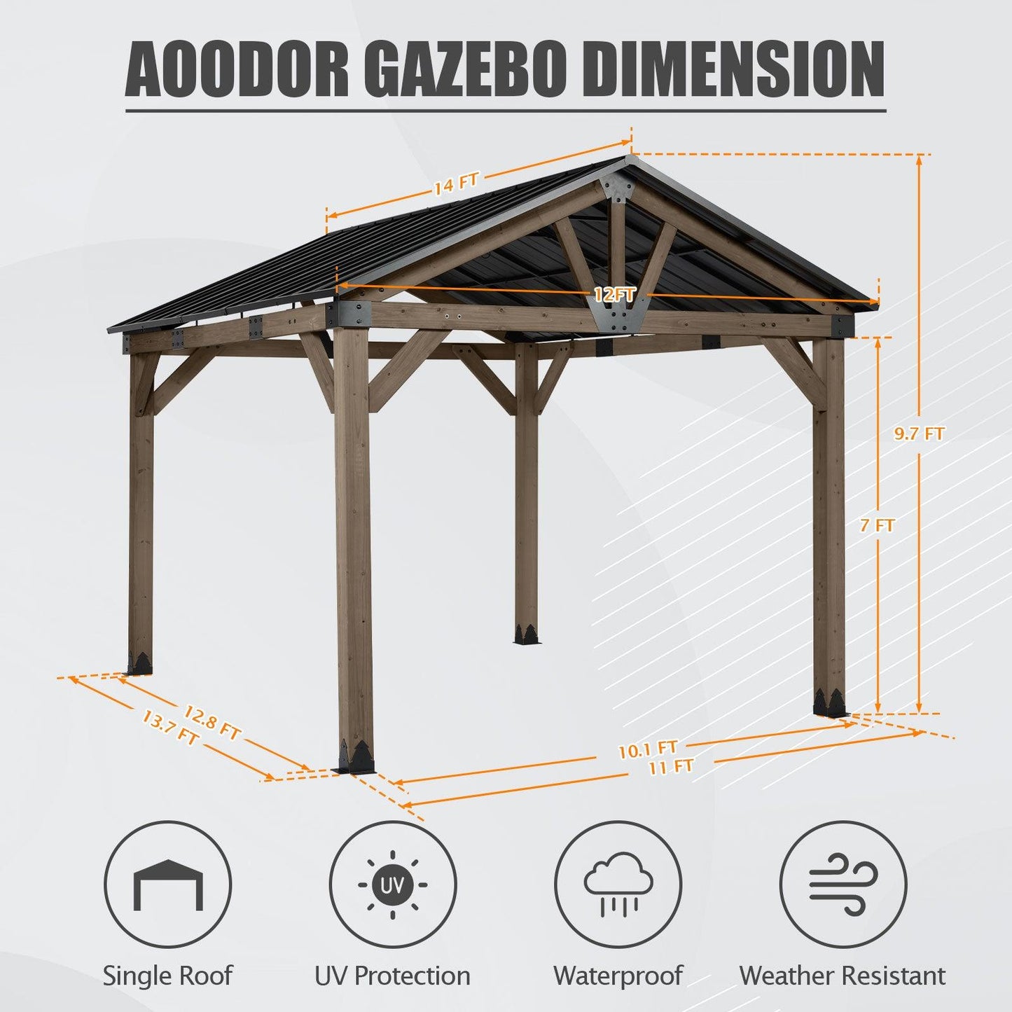 10'x12'/12'x14' Cedar Wood Hardtop Gazebo with Galvanized Steel Roof