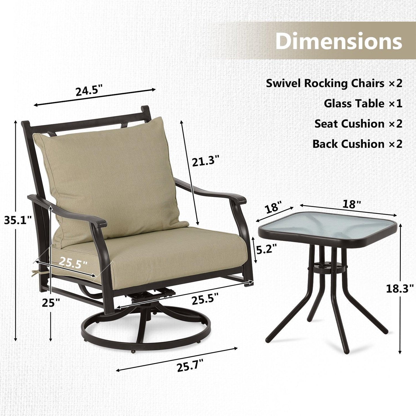 Outdoor Swivel Chair Set - Two Chairs, One Glass Table, and Two Thick Cushions