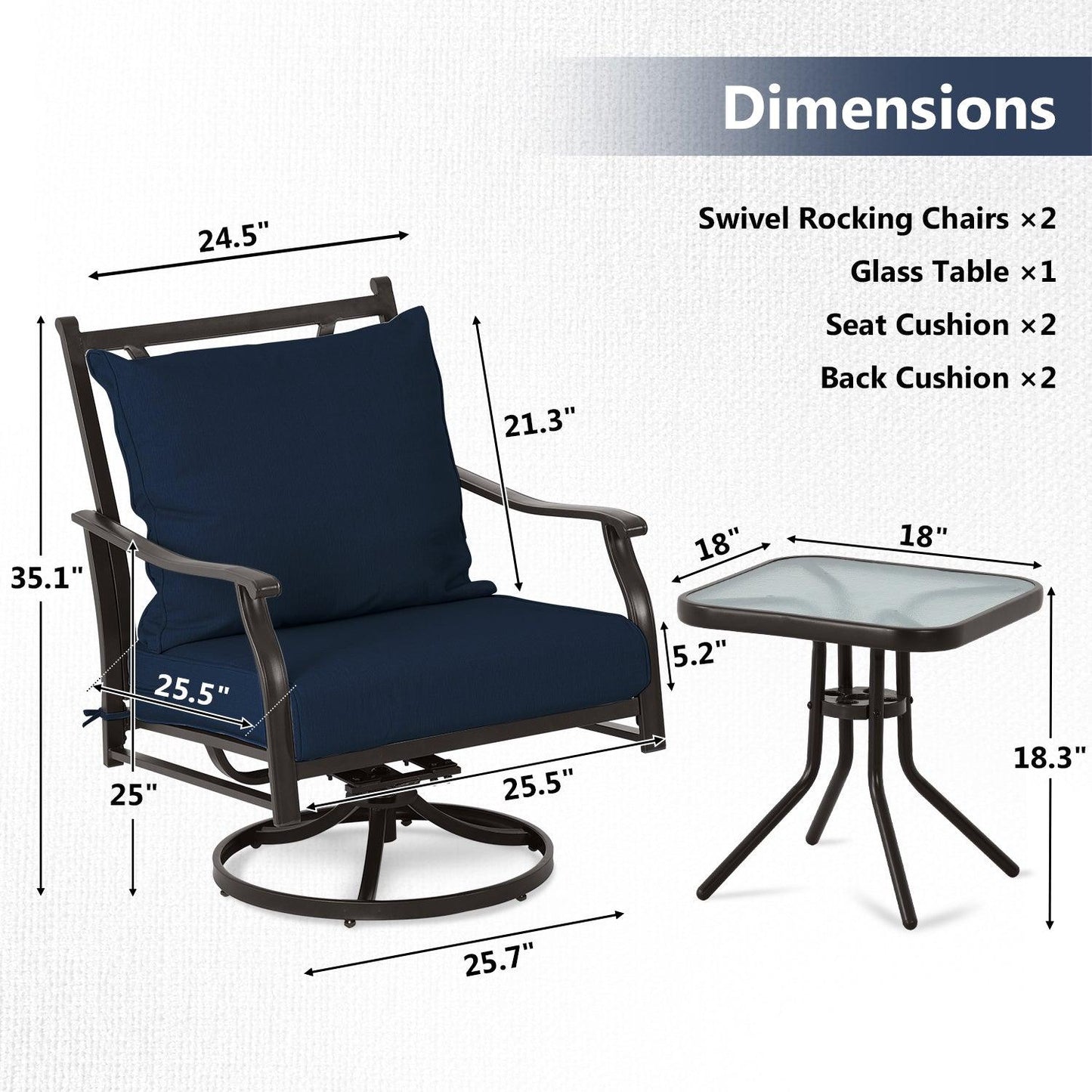 Outdoor Swivel Chair Set - Two Chairs, One Glass Table, and Two Thick Cushions