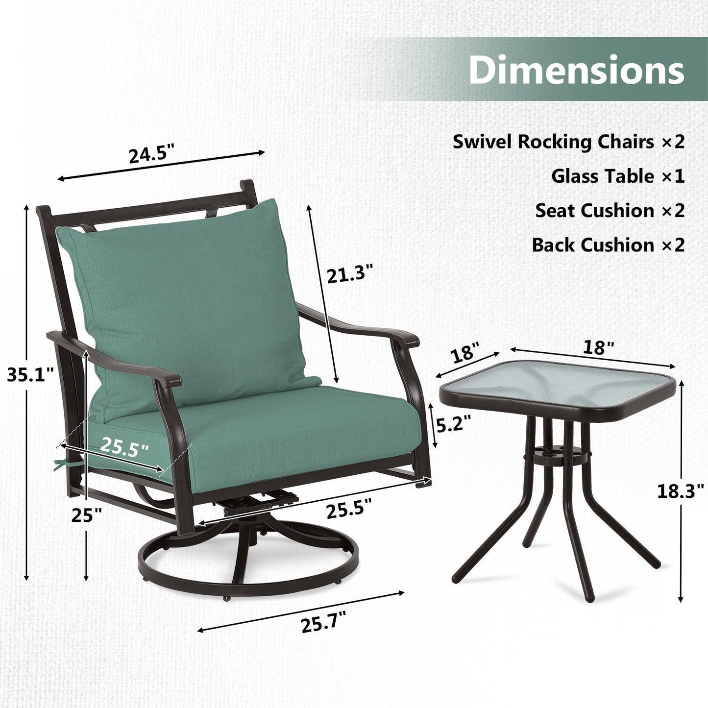 Outdoor Swivel Chair Set - Two Chairs, One Glass Table, and Two Thick Cushions