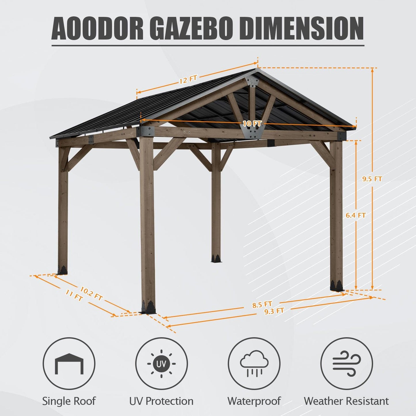 10'x12'/12'x14' Cedar Wood Hardtop Gazebo with Galvanized Steel Roof