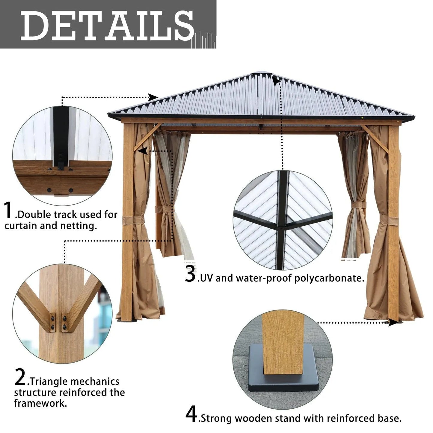 10 x 10 ft. /12 x 10 ft. Wooden Finish Coated Aluminum Frame Gazebo with Polycarbonate Roof, Curtains and Nettings Gazebo Aoodor LLC