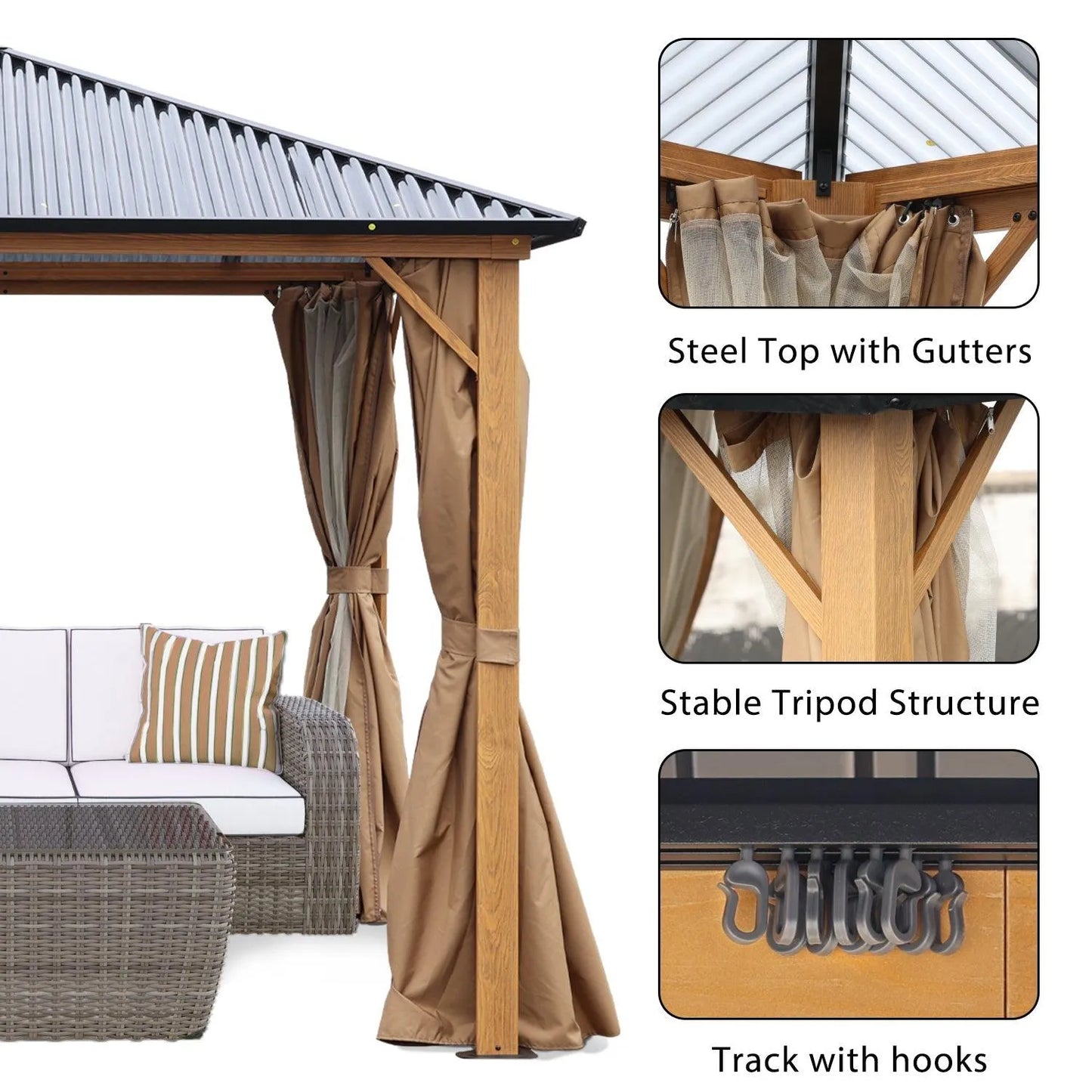 10 x 10 ft. /12 x 10 ft. Wooden Finish Coated Aluminum Frame Gazebo with Polycarbonate Roof, Curtains and Nettings Gazebo Aoodor LLC
