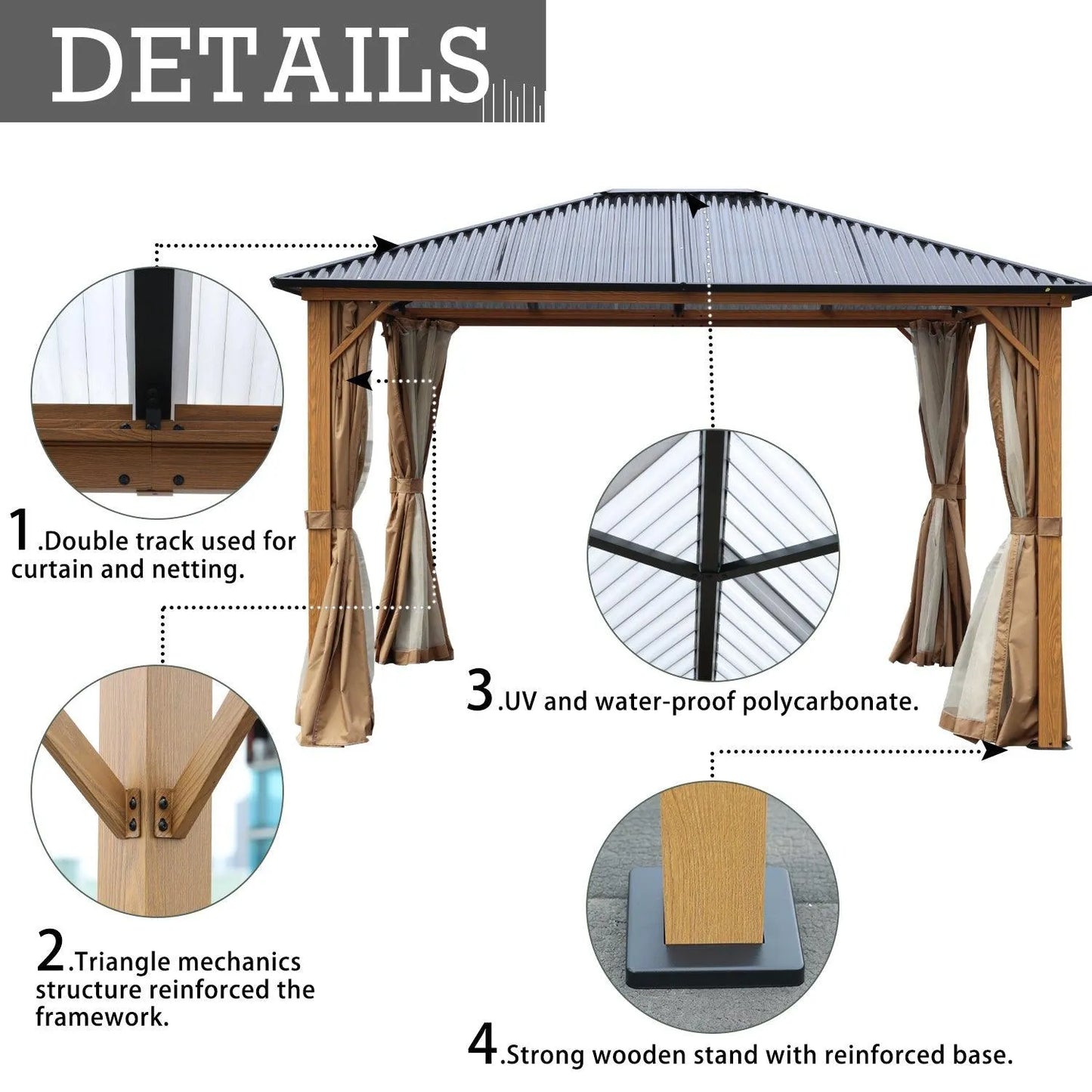 10 x 10 ft. /12 x 10 ft. Wooden Finish Coated Aluminum Frame Gazebo with Polycarbonate Roof, Curtains and Nettings Gazebo Aoodor LLC
