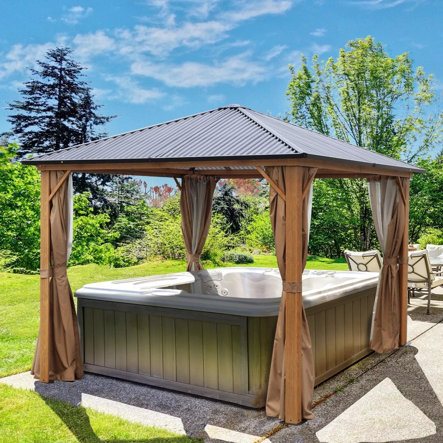 10 x 10 ft. /12 x 10 ft. Wooden Finish Coated Aluminum Frame Gazebo with Polycarbonate Roof, Curtains and Nettings Gazebo Aoodor LLC
