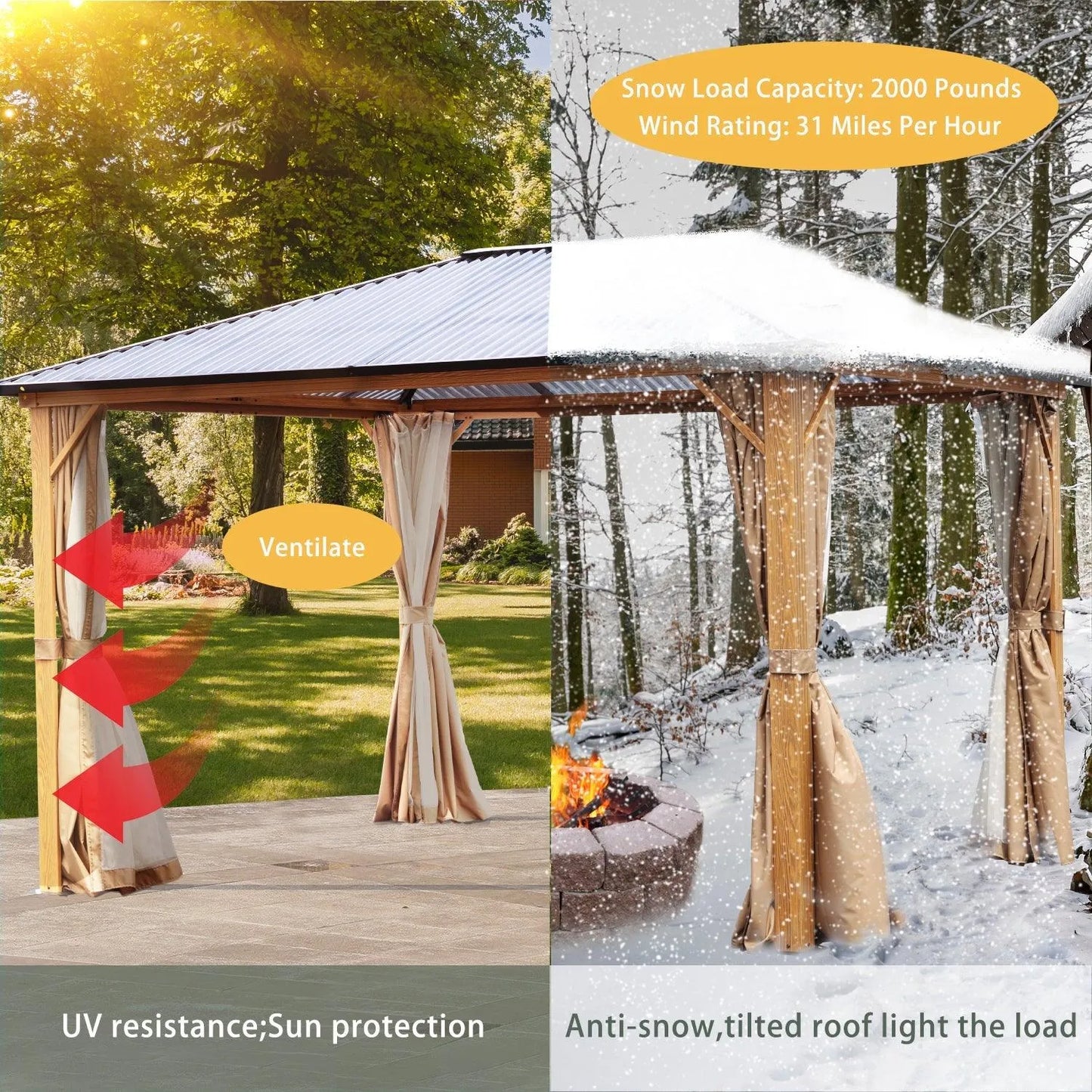 10 x 10 ft. /12 x 10 ft. Wooden Finish Coated Aluminum Frame Gazebo with Polycarbonate Roof, Curtains and Nettings Gazebo Aoodor LLC