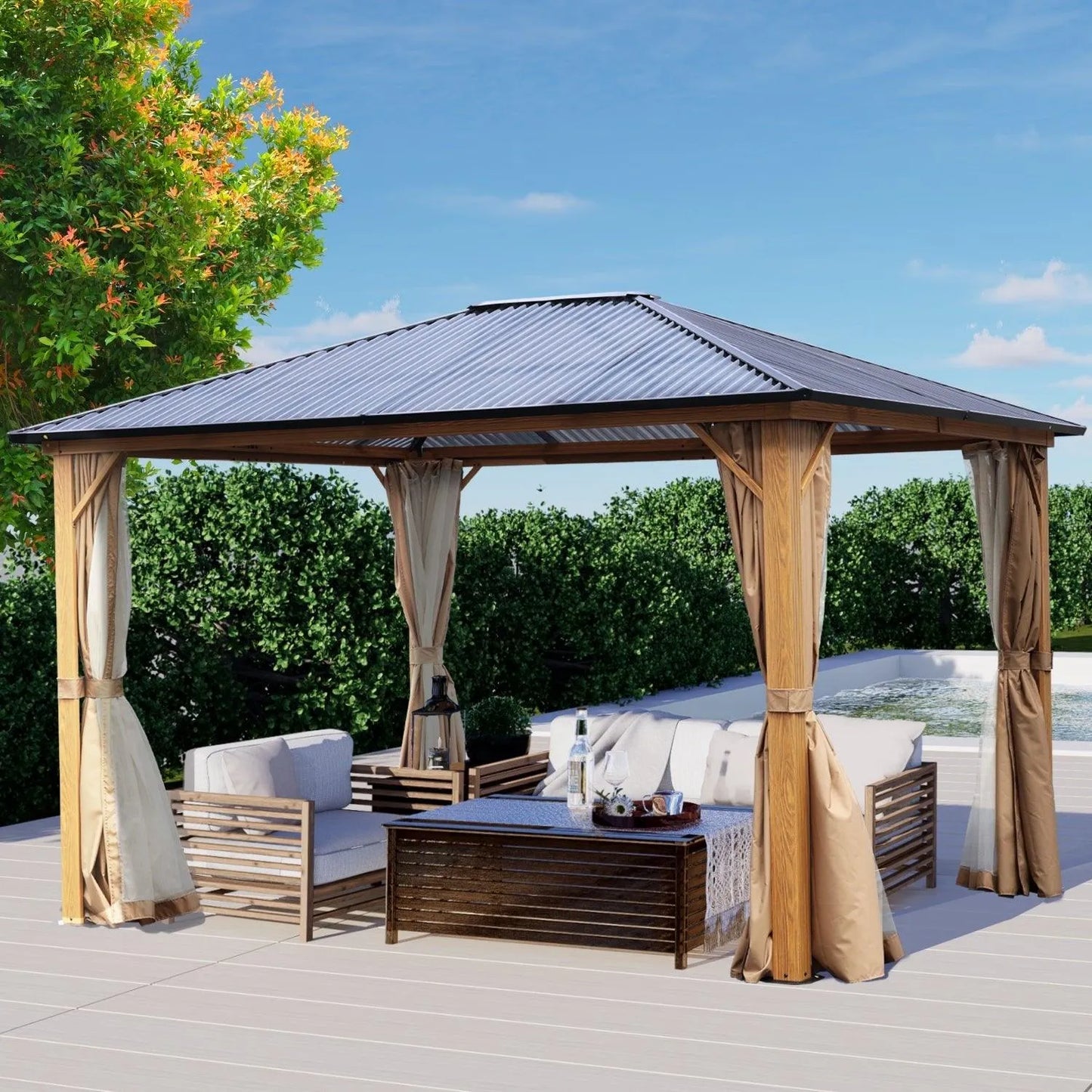 10 x 10 ft. /12 x 10 ft. Wooden Finish Coated Aluminum Frame Gazebo with Polycarbonate Roof, Curtains and Nettings Gazebo Aoodor LLC