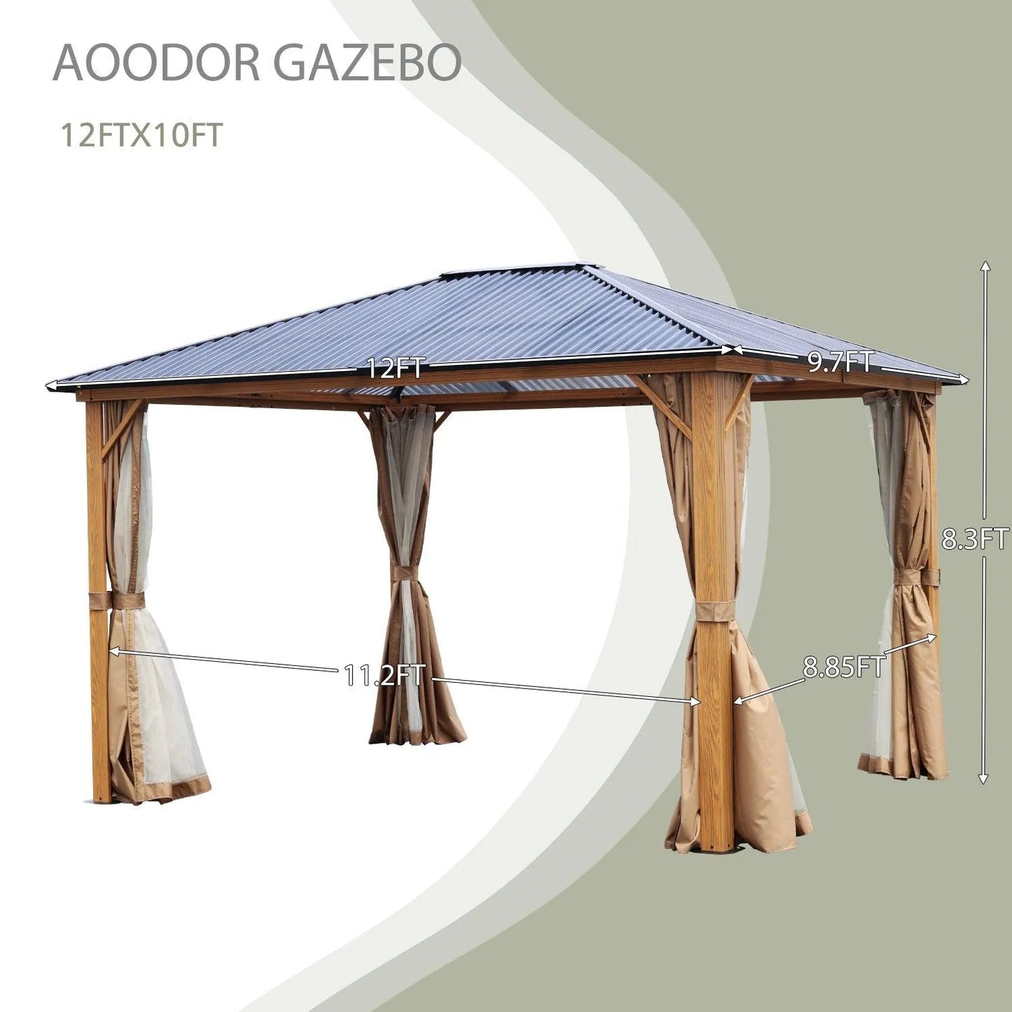 10 x 10 ft. /12 x 10 ft. Wooden Finish Coated Aluminum Frame Gazebo with Polycarbonate Roof, Curtains and Nettings Gazebo Aoodor LLC