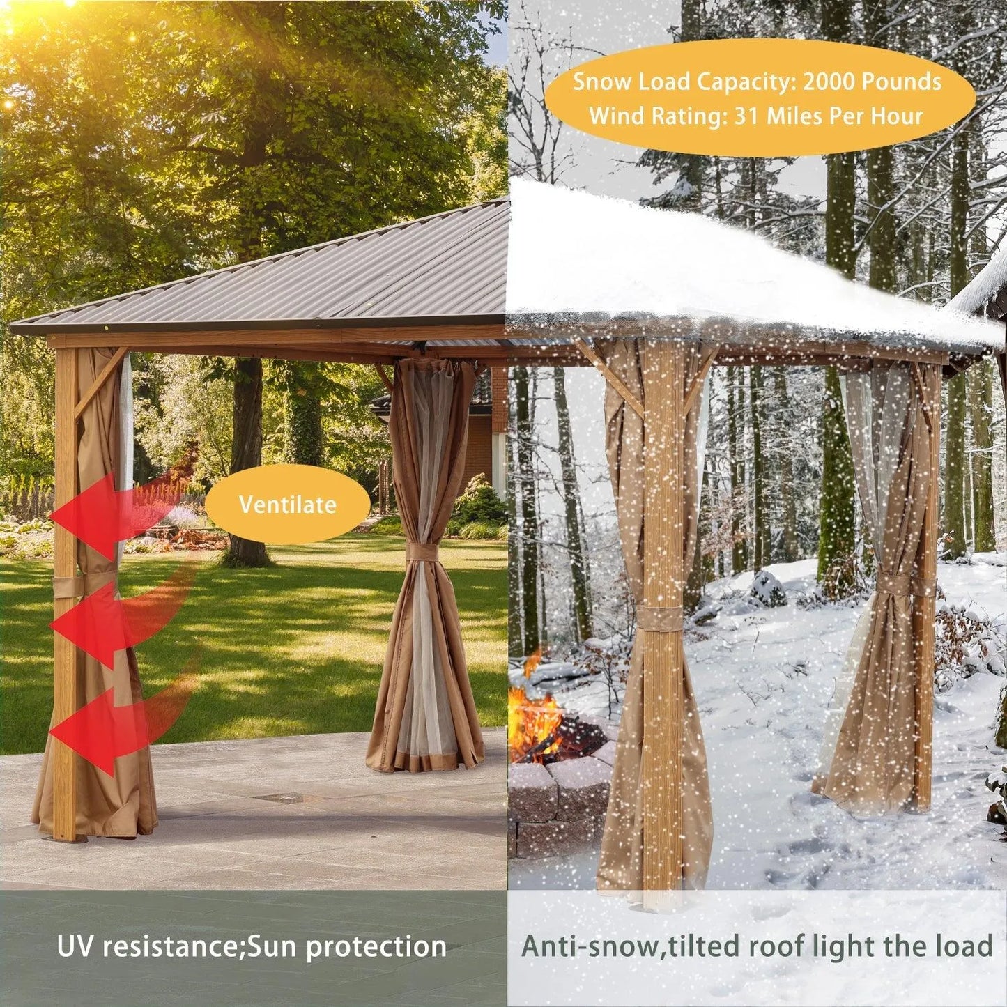 10 x 10 ft. /12 x 10 ft. Wooden Finish Coated Aluminum Frame Gazebo with Polycarbonate Roof, Curtains and Nettings Gazebo Aoodor LLC
