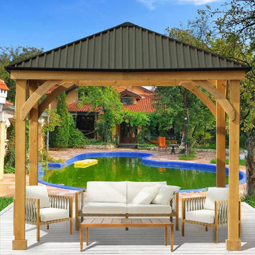 10 x 10 ft. Outdoor Solid Wooden Frame Gazebo with Metal Hardtop Roof Gazebo Aoodor LLC