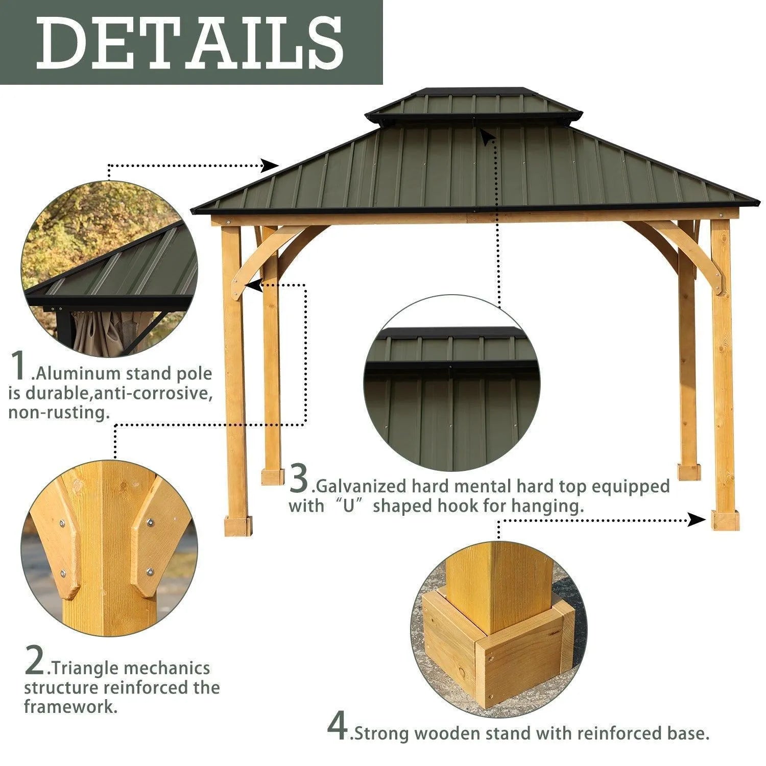 12 x 10 ft. Outdoor Solid Wooden Frame Gazebo with 2-Tier Hardtop Roof Gazebo Aoodor