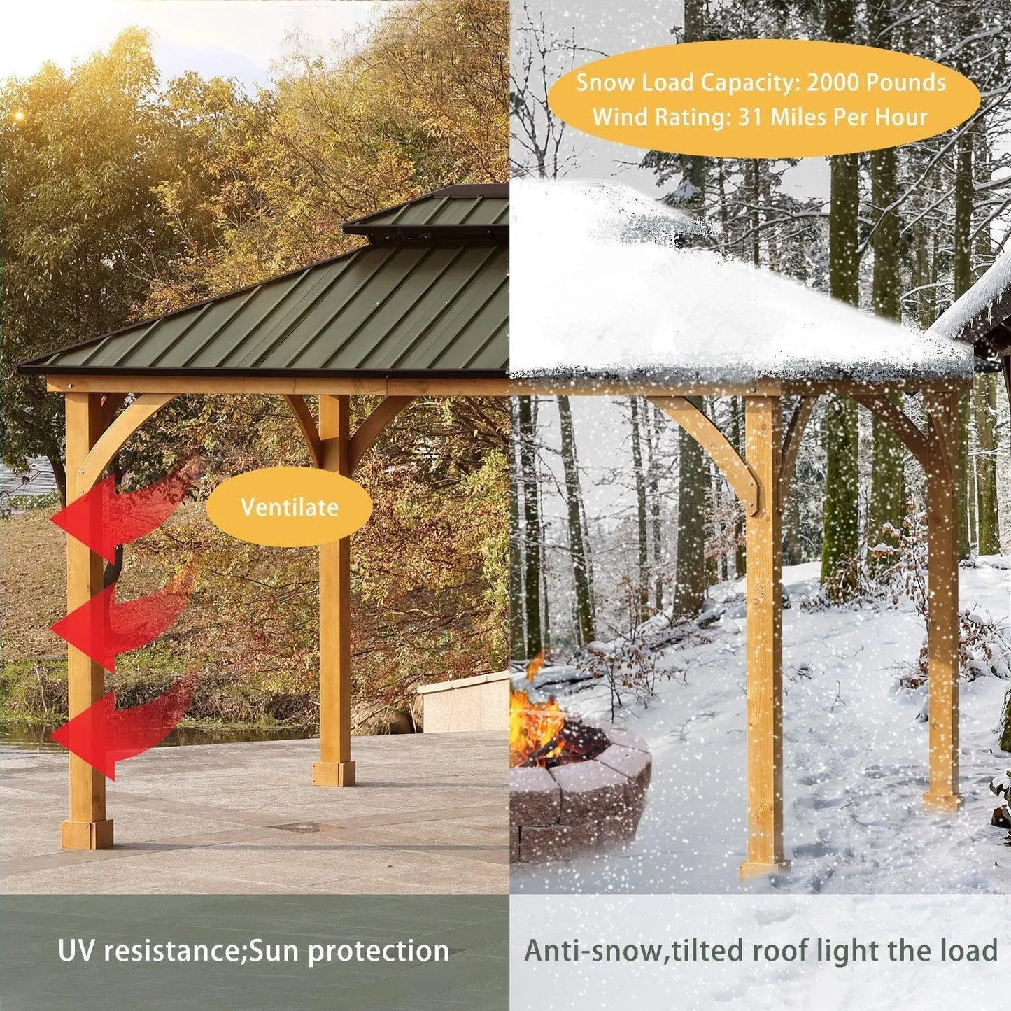 12 x 10 ft. Outdoor Solid Wooden Frame Gazebo with 2-Tier Hardtop Roof Gazebo Aoodor