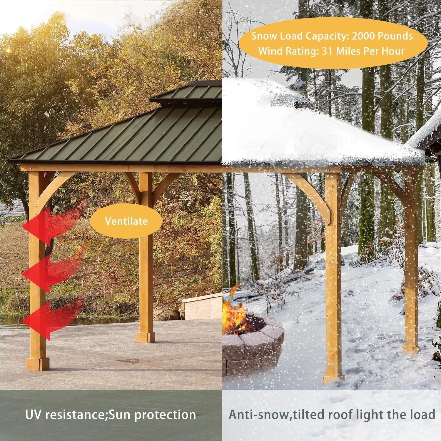 12 x 10 ft. Outdoor Solid Wooden Frame Gazebo with 2-Tier Hardtop Roof Gazebo Aoodor