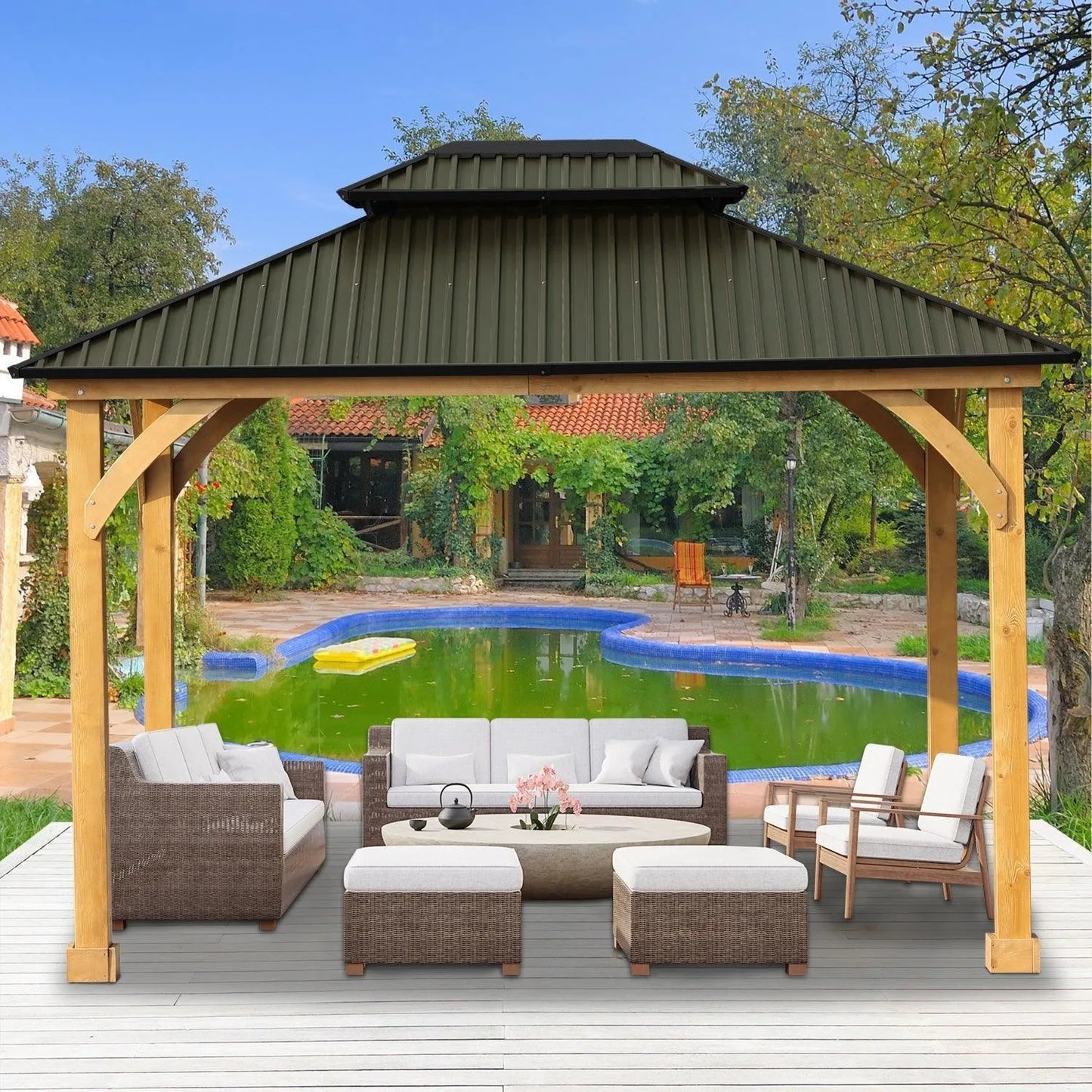 12 x 10 ft. Outdoor Solid Wooden Frame Gazebo with 2-Tier Hardtop Roof Gazebo Aoodor