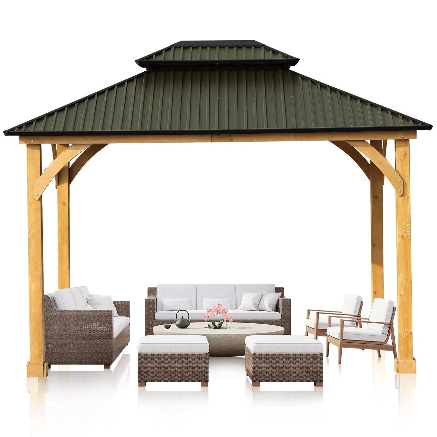 12 x 10 ft. Outdoor Solid Wooden Frame Gazebo with 2-Tier Hardtop Roof Gazebo Aoodor Dark Green