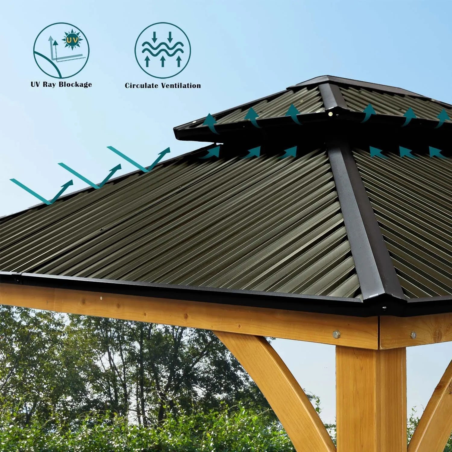 12 x 10 ft. Outdoor Solid Wooden Frame Gazebo with 2-Tier Hardtop Roof Gazebo Aoodor