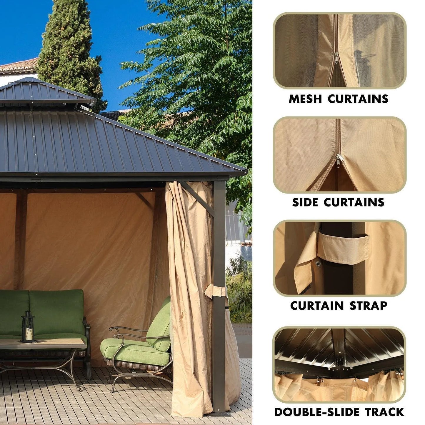 12 x 12 ft. Aluminum Frame Hardtop Roof Gazebo, Outdoor 2-Tier Metal Roof Gazebo with Mosquito Netting and Curtains- Black Gazebo Aoodor LLC