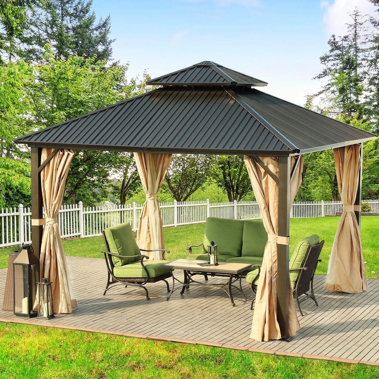 12 x 12 ft. Aluminum Frame Hardtop Roof Gazebo, Outdoor 2-Tier Metal Roof Gazebo with Mosquito Netting and Curtains- Black Gazebo Aoodor LLC